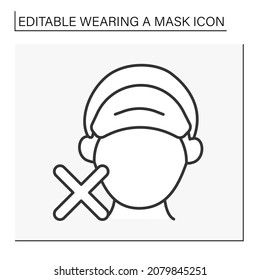  Face mask line icon.Incorrect wearing mask on forehead. Covid19. Healthcare concept. Isolated vector illustration. Editable stroke