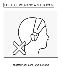  Face mask line icon.Mask on forehead unprotect from Covid19. Healthcare concept. Isolated vector illustration. Editable stroke