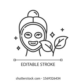 Face mask linear icon. Skincare routine. Beauty product. Facial healing treatment. Organic cosmetics. Thin line illustration. Contour symbol. Vector isolated outline drawing. Editable stroke
