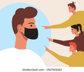 Face mask, lockdown coronavirus. Flat vector stock illustration. Society condemns and disapproves. Index finger of the crowd. Public opinion is against the medical mask. Vector graphics