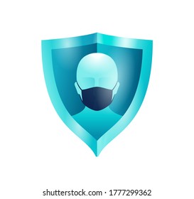 Face mask logo template - protection shield and human silhouette - shiny vector emblem bor medical equipment