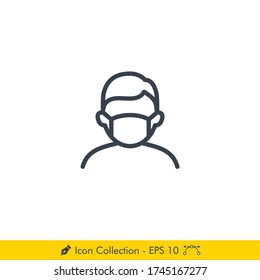 Face Mask Man Icon / Vector - In Line / Stroke Design