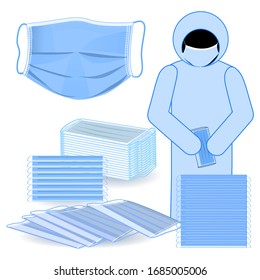 Face Mask Manufacturing Process. Midwife Sorting Protective Masks For Sick Persons. Stick Figure Pictogram Icon. Vector Illustration