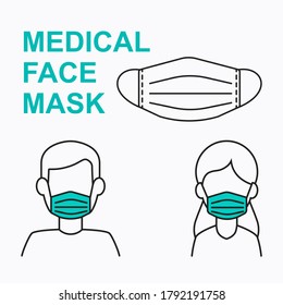 Face mask medical line icon. Simple outline vector illustrations in the flat style of a man and woman that protect their mouth from coronavirus. Conceptual sign of surgical safety face mask.