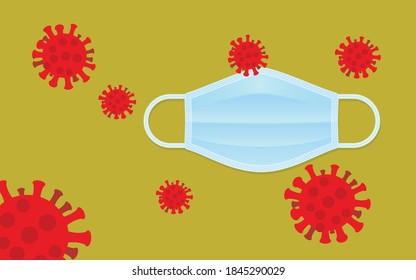 Face mask with microbes floating over in random pattern. Facemask has earloops. Virus or bacteria are surrounding the medical mask.