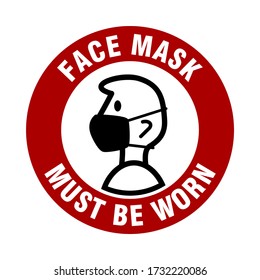 Face Mask Must Be Worn or No Face Mask No Entry Round Badge Sticker Instruction Sign with Text. Vector Image.