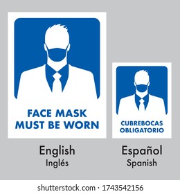 face mask must be worn signage, for formal places, mandatory sign, in two idioms spanish and english