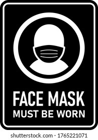 Face Mask Must Be Worn or No Face Mask No Entry Policy Rectangular Vertical Instruction Sign with an Aspect Ratio of 3:4 and Rounded Corners. Vector Image.