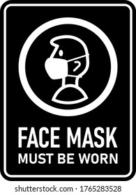 Face Mask Must Be Worn or No Face Mask No Entry Policy Rectangular Vertical Instruction Sign with an Aspect Ratio of 3:4 and Rounded Corners. Vector Image.