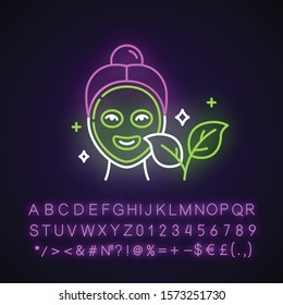 Face mask neon light icon. Skincare routine. Plant-based. Beauty product. Facial treatment. Hydrating. Organic cosmetics. Glowing sign with alphabet, numbers and symbols. Vector isolated illustration