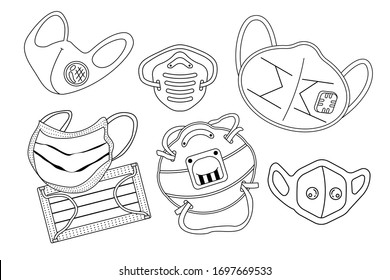 conjunto de iconos de esquema de máscara facial.Mascarillas respiratorias de seguridad. Máscara de seguridad industrial N95, Icono de máscara médica. El hospital o la contaminación protegen la cara enmascarada. concepto de dibujos animados de diseño plano. Vectores de línea delgada