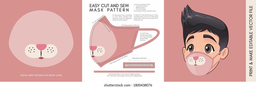 Face Mask Pattern and Template for children. Suitable for the Back to School Season Animal Print 