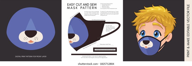 Face Mask Pattern and Template for children. Suitable for the Back to School Season Animal Print 