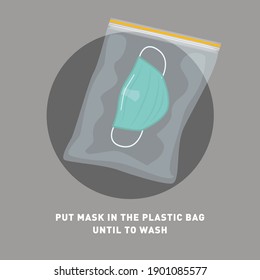 Máscara de cara en la bolsa de plástico. Vector de la señal de la máscara quirúrgica. Señal de advertencia que recomienda poner una máscara facial en la bolsa de plástico hasta lavarla. Cómo usar una máscara protectora durante el coronavirus