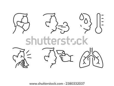 Face and mask, protection against viral respiratory diseases (flu, cold, covid, pneumonia). Vector linear icons: cough, high body temperature, runny nose, body temperature measurement, lungs.