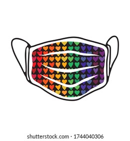 Face mask with rainbow flag isolated on white background. LGBT pride month sign. Gay rights symbol. Conceptual vector illustration. Flat design element for sticker, leaflet, poster.