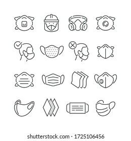 Face mask related icons: thin vector icon set, black and white kit