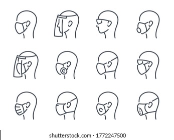 Face mask related line icons. Face protection and Face safety equipment icons. Respirator and facial mask vector editable stroke icons.