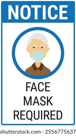 Face mask required notice sign with an old man wearing a light blue face mask. Vector sign for public places, factories or hospitals