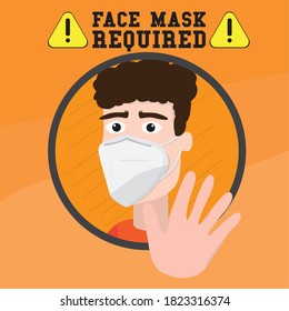 Face mask required poster. Man wearin a face mask. Covid-19 prevention - Vector