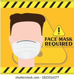Cartel requerido de máscara facial. Hombre lleva una máscara facial. Prevención de Covid-19 - Vector