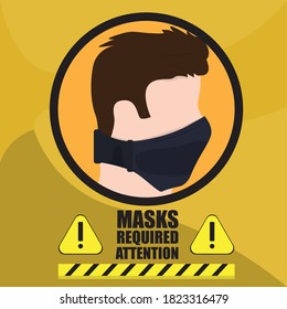 Face mask required poster. Man wearin a face mask. Covid-19 prevention - Vector