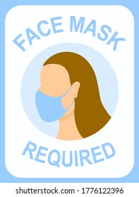 Cartel requerido de máscara facial. Mujer joven con máscara facial. No hay máscara ni entrada. 