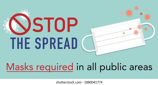 Face mask required in public areas warning sign - a medical face mask, and coronavirus novel with headline "STOP THE SPREAD". Vector information for school, hotel, restaurant, hospital. Covid 19 
