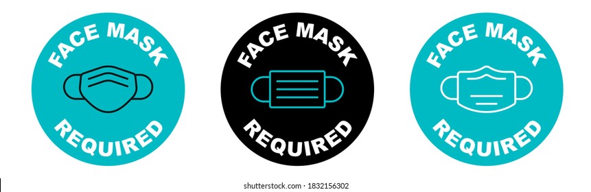 Máscara facial requerida para el símbolo de la tienda o la etiqueta adhesiva para la pandemia de distanciamiento social coronavirus covid-19. Diseño de vectores de círculo con icono de cobertura facial. Las máscaras faciales deben ser usadas en las guías de las tiendas