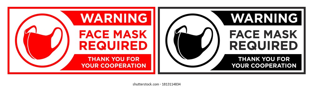 Face mask required sign. Horizontal warning signage for restaurant, cafe and retail business. Illustration, vector