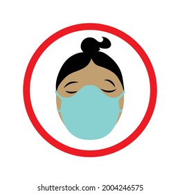 Face mask required sign. New normal wearing mask icons. Women wearing masks.