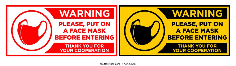 Face Mask Required Sign. Please Put On A Face Mask Before Entering. Horizontal Warning Signage For Restaurant, Cafe And Retail Business. Illustration, Vector. 