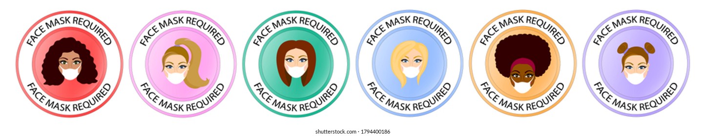 Face mask required sign set. New normal wearing mask icons. Women wearing masks. Racial diversity. Banner. Infographic. No mask no entry. Wear facemask. Round frame