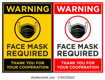 Face Mask Required Sign. Vertical Warning Signage For Restaurant, Cafe And Retail Business. Illustration, Vector