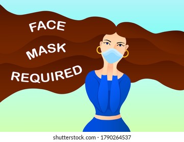 Face mask required sign. Woman with long hair wearing mask. Banner. Infographic. No mask no entry. New normal. Wear facemask.