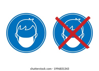 Face mask required und no mask required blue round signs. White outline of a person wearing a mask. The second sign is crossed out with red lines.