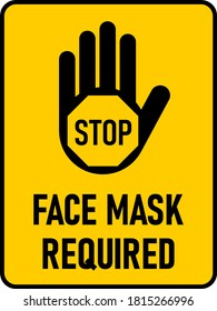 Face Mask Required Vertical Instruction Icon with Stop Hand, an Aspect Ratio of 3:4 and Rounded Corners. Vector Image.