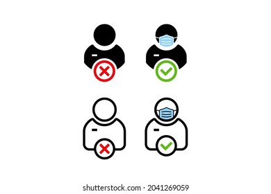 Face mask required warning prevention sign. Human profile silhouette with face mask in rounded rectangular frame.