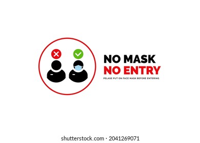 Face mask required warning prevention sign. No face mask no entry sign design. Human profile silhouette with face mask in rounded frame.