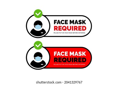 Face mask required warning prevention sign. Human profile silhouette with face mask in rounded rectangular frame.