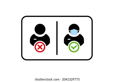 Face mask required warning prevention sign. Human profile silhouette with face mask in rounded rectangular frame.
