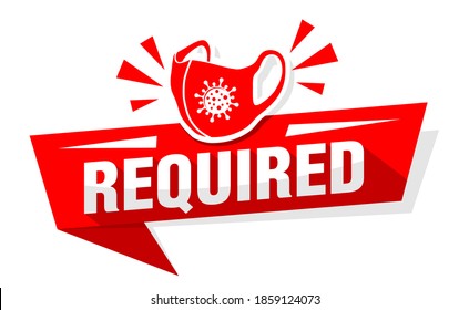 Se requiere máscara facial. Cartel rojo de advertencia para restaurantes, cafés y tiendas. Ilustración, vector sobre fondo transparente