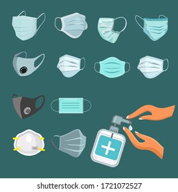 
face mask, respiratory protection and hand sanitizer. illustration of medical mask and hand sanitizer.  face mask set.
