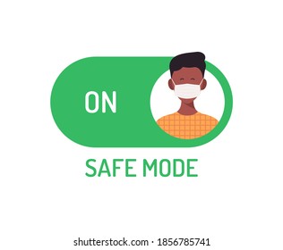 Face mask safe mode switch toggle. Flat vector illustration with character person avatar on face mask on green button.