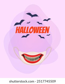 Face mask with sharp teeth for Halloween party poster design. Flying bats on abstract background. Celebration, holiday concept. Vector illustration for invitation or banner