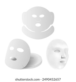 Face mask sheet. Paper facial mask product design. White cosmetic rejuvenation mask. Collagen care package template, illustration for poster or ad. Cotton sheet vector mockup