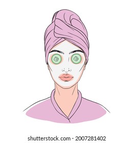 hoja de máscara facial, icono de cuidado de la piel, piel de belleza, signo lineal de la cara de la mujer sobre fondo blanco - ilustración vectorial editable