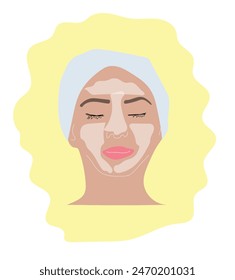 face mask sheet, skin care icon, beauty skin, woman's face linear sign on yellow background - editable vector illustration 