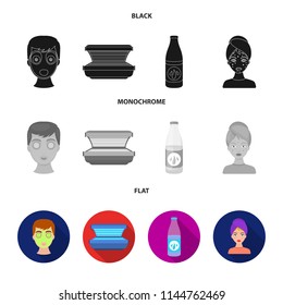 Face mask, solarium, bottle ts lasenom, pimples on face. Skin Care set collection icons in black, flat, monochrome style vector symbol stock illustration web.