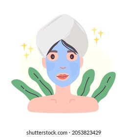 Face mask spa flat vector. Beauty procedure. Facial mask therapy. Brightening sheet mask cosmetics. Review, influencer. Illustration.